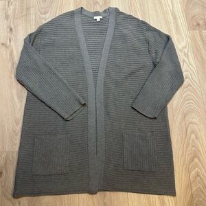 J Jill Gray Knit Ribbed Open Front Long Cardigan XL Pockets Alternating Ribbing